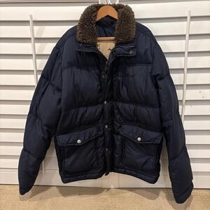 Hollister Men's Navy Blue Down Filled Faux Fur Collared Puffer Jacket Size XL